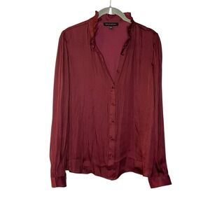 Banana Republic Long Sleeve Poet Collar Button Down Blouse Burgundy Satin Luxe S